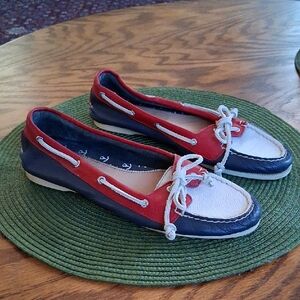 Sperry Top Sider Leather Red White Blue Preppy Nautical Boat Shoes Size 7.5